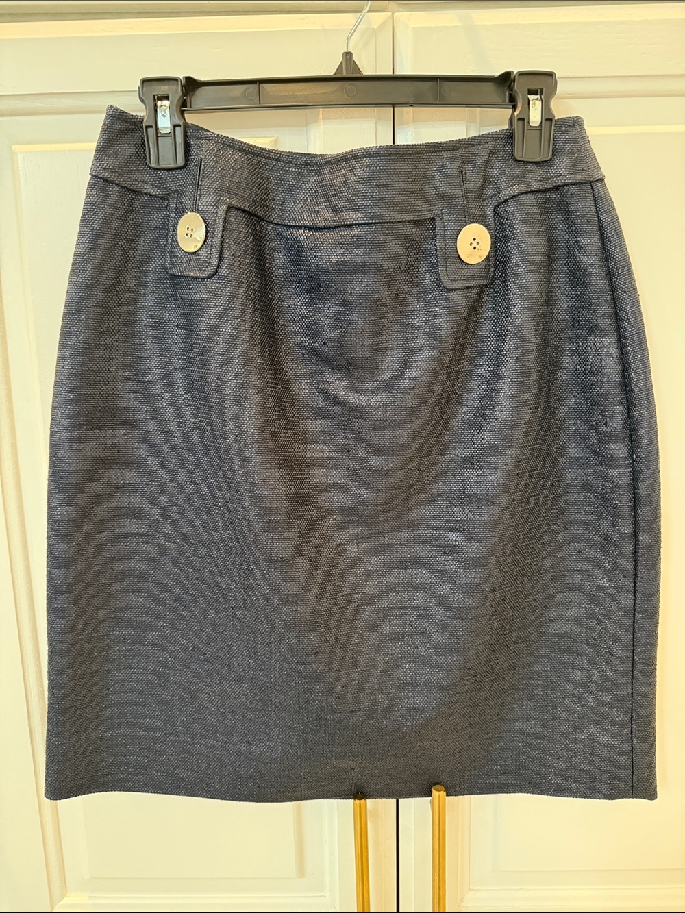 Per Se Navy Textured Pencil Skirt with Button Tab